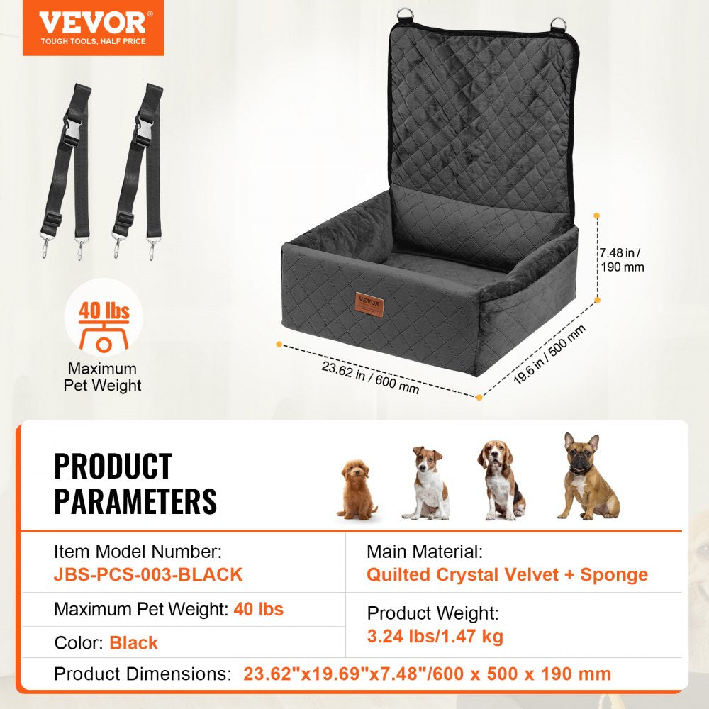 VEVOR Dog Car Seat, Dog Booster Seat for Car with A Storage Pocket, Clip-On Safety Leash, Sponge and PP Cotton Filling, Dog Car Bed for Small & Medium Dog up to 40lbs, Black
