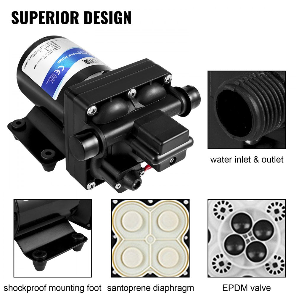 VEVOR Fresh Water Pump, 12 V Self Priming Sprayer Pump, 3 GPM RV Water Pump, with Pressure Switch 55 PSI Self Priming Water Pump, Detachable Strainer 12V Diaphragm Pump for RV Camper Marine Boat Lawn