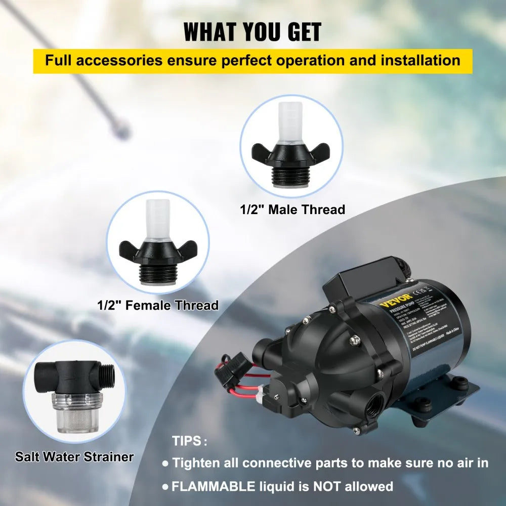 VEVOR Washdown Pump, 12V DC, 7 GPM 60 PSI, Max. 10 FT Lift Self Priming Water Pump, with EPDM Valve, Universal Salt Water Strainer & Female/Male Thread, for RV, Marine Deck, Yacht
