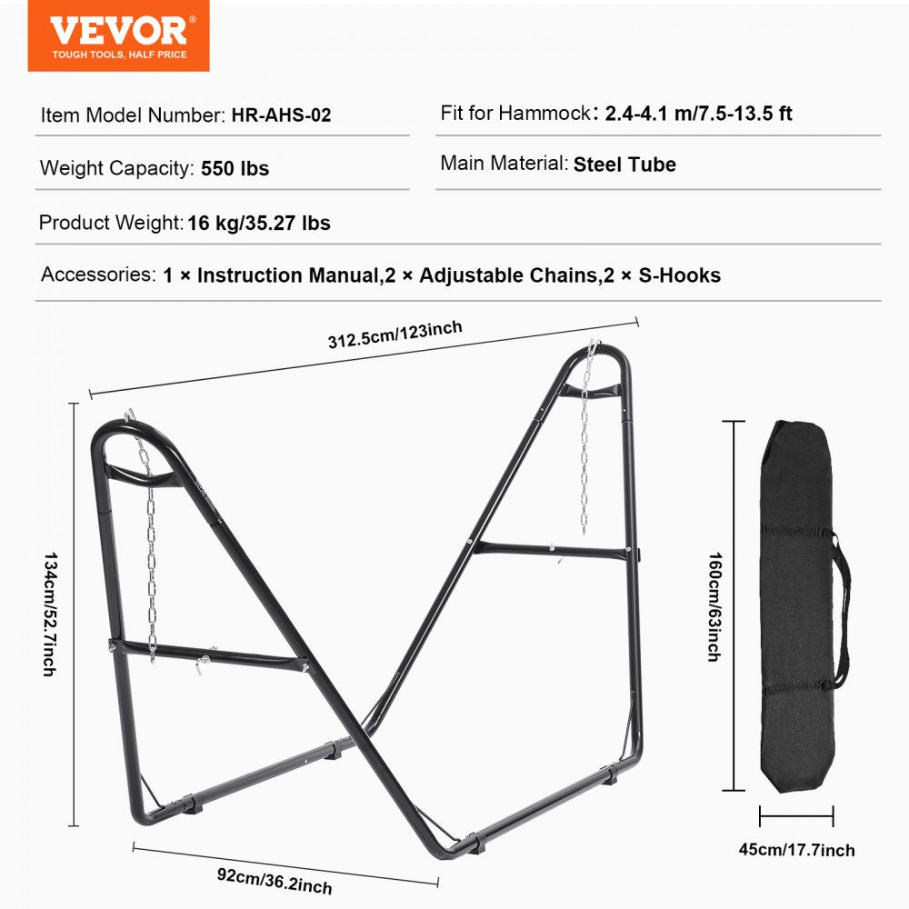 VEVOR Universal 2 Person Hammock Stand, Adjustable Heavy Duty 550 lbs Capacity Hammock Stand Fits 7.5-13.5 ft Hammocks for Outdoor and Indoor Portable Hammock Stand with Chain, Hook, and Carrying Bag