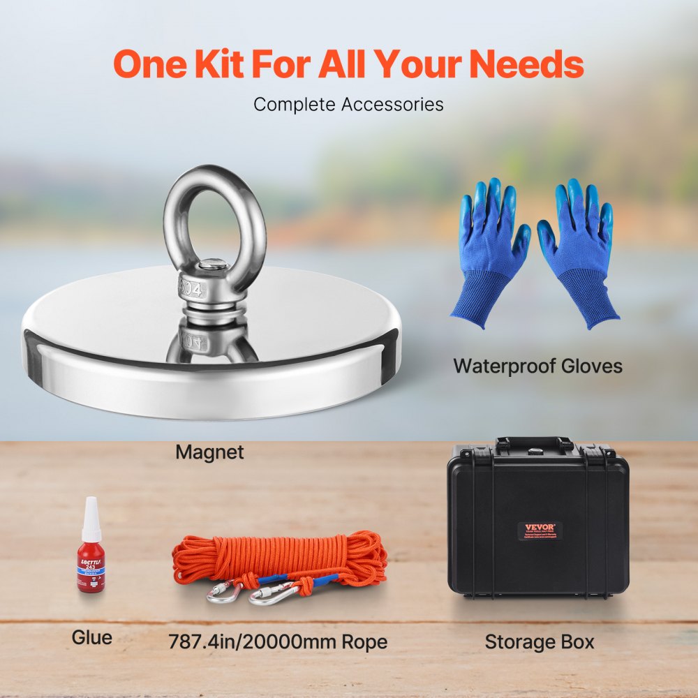 VEVOR Magnet Fishing Kit, 2000 LBS/907 Kg Single-Sided Pulling Force Magnet Fishing Kit, Rare Earth Neodymium Magnetic Fishing Kit Includes Grappling Hook, Heavy Duty Rope, Gloves, Eyebolt, Carry Case