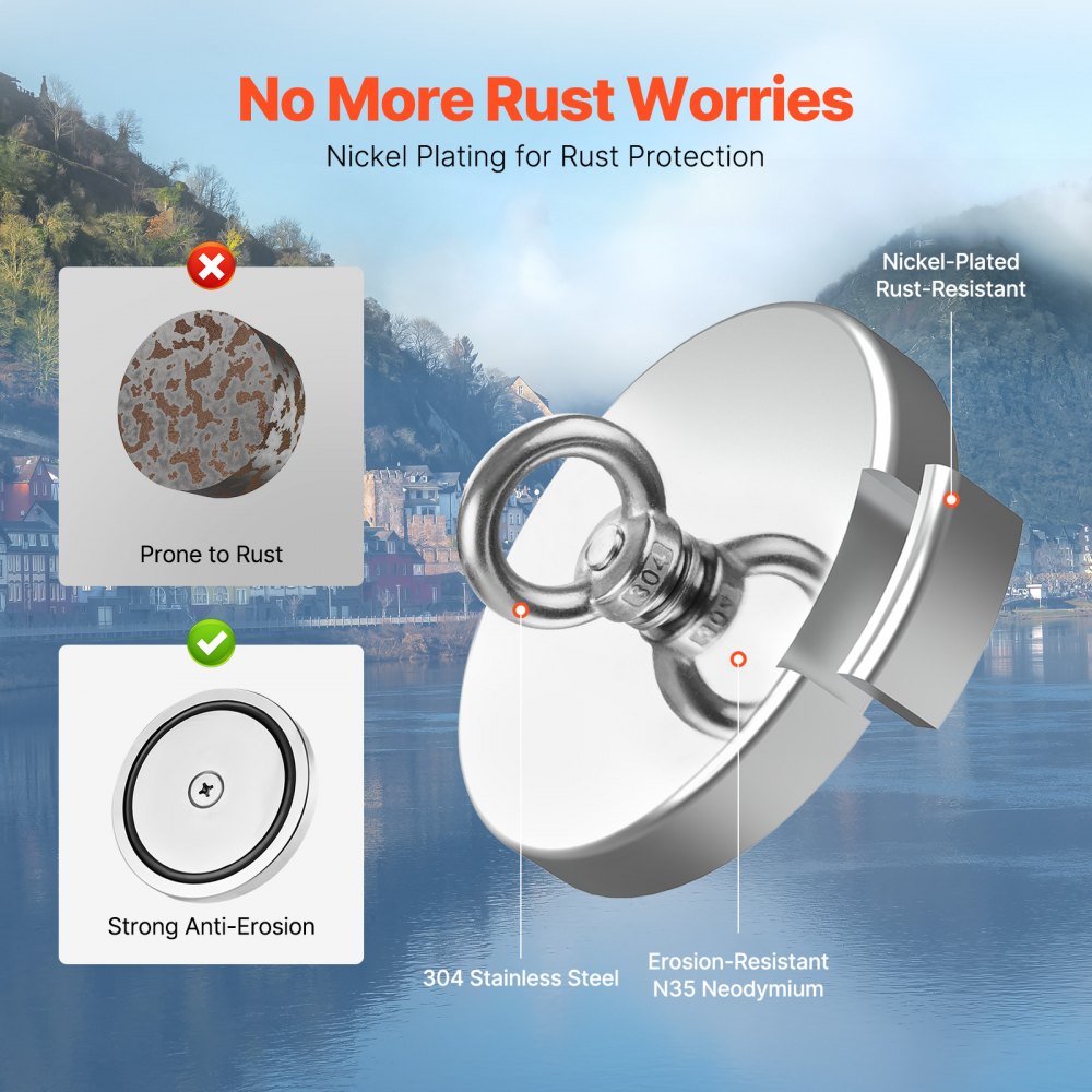 VEVOR Magnet Fishing Kit, 2000 LBS/907 Kg Single-Sided Pulling Force Magnet Fishing Kit, Rare Earth Neodymium Magnetic Fishing Kit Includes Grappling Hook, Heavy Duty Rope, Gloves, Eyebolt, Carry Case