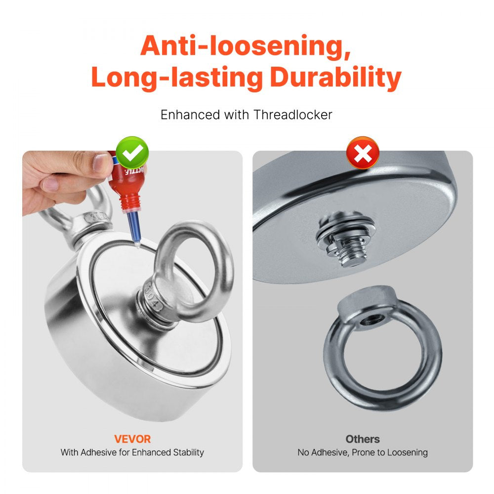 VEVOR Magnet Fishing Kit, 1000 LBS/454 Kg Double-Sided Pulling Force Strong Magnet Fishing Kit, Rare Earth Neodymium Magnetic Fishing Kit Includes Grappling Hook, Heavy Duty Rope, Gloves and Eyebolt