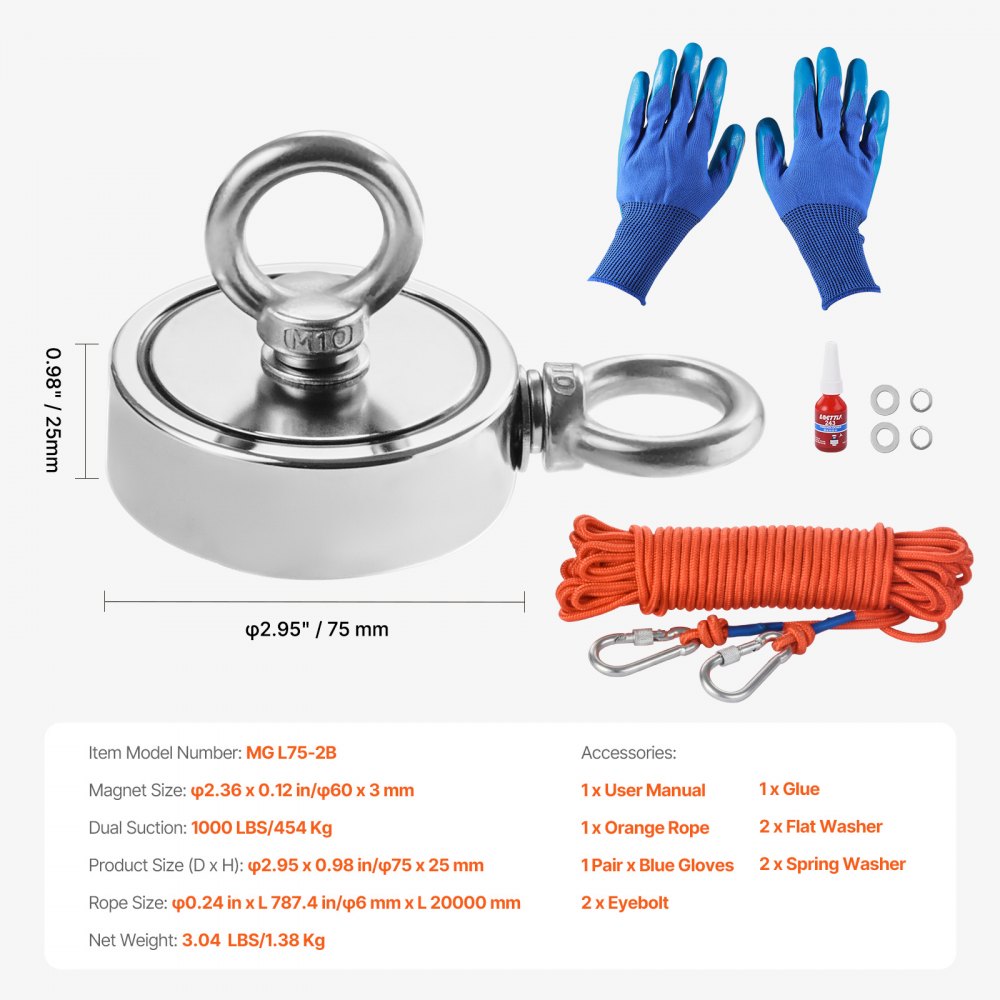 VEVOR Magnet Fishing Kit, 1000 LBS/454 Kg Double-Sided Pulling Force Strong Magnet Fishing Kit, Rare Earth Neodymium Magnetic Fishing Kit Includes Grappling Hook, Heavy Duty Rope, Gloves and Eyebolt