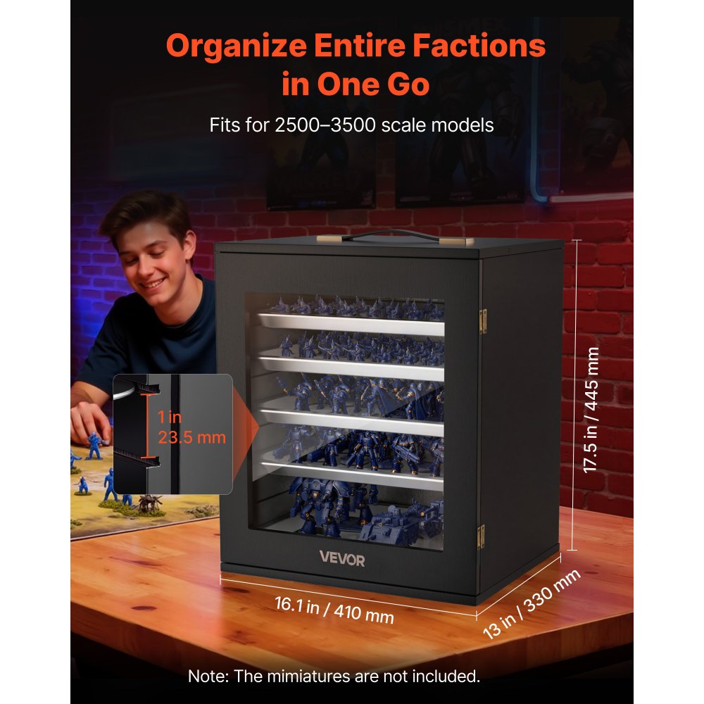 VEVOR Miniatures Storage Case, Warhammer Carrying Case Fits for 2500-3500 Scale Models, Wooden Miniatures Display Holder with 5 Tray & 13 Slots, Miniature Case for Collectible (Minis Not Included)