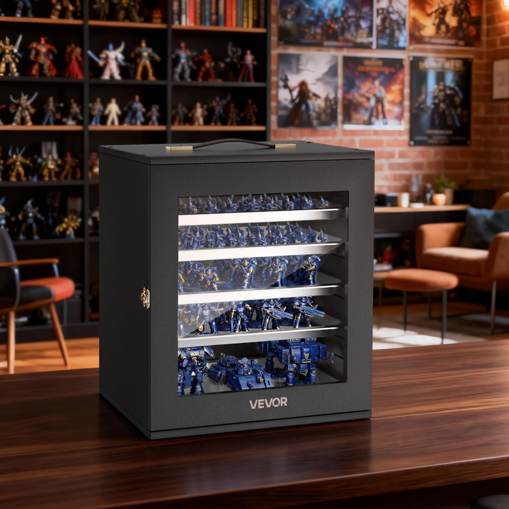 VEVOR Miniatures Storage Case, Warhammer Carrying Case Fits for 2500-3500 Scale Models, Wooden Miniatures Display Holder with 5 Tray & 13 Slots, Miniature Case for Collectible (Minis Not Included)
