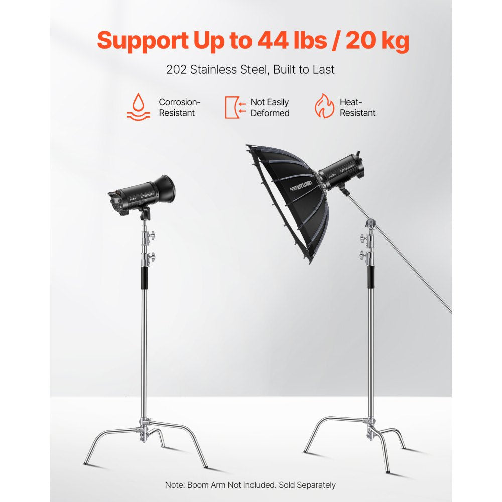 VEVOR C Stand, Max Height 10.83 ft/330 cm, Stainless Steel Heavy Duty Photography Light Stand with 4.8-9.8 ft Adjustable Height, 44 lbs/20 kg Load Capacity for Studio Softbox, Monolight, Reflector