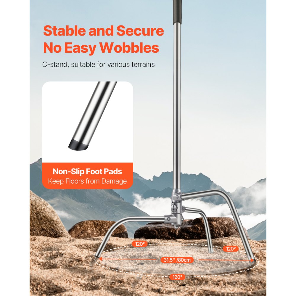VEVOR C Stand, Max Height 10.83 ft/330 cm, Stainless Steel Heavy Duty Photography Light Stand with 4.8-9.8 ft Adjustable Height, 44 lbs/20 kg Load Capacity for Studio Softbox, Monolight, Reflector
