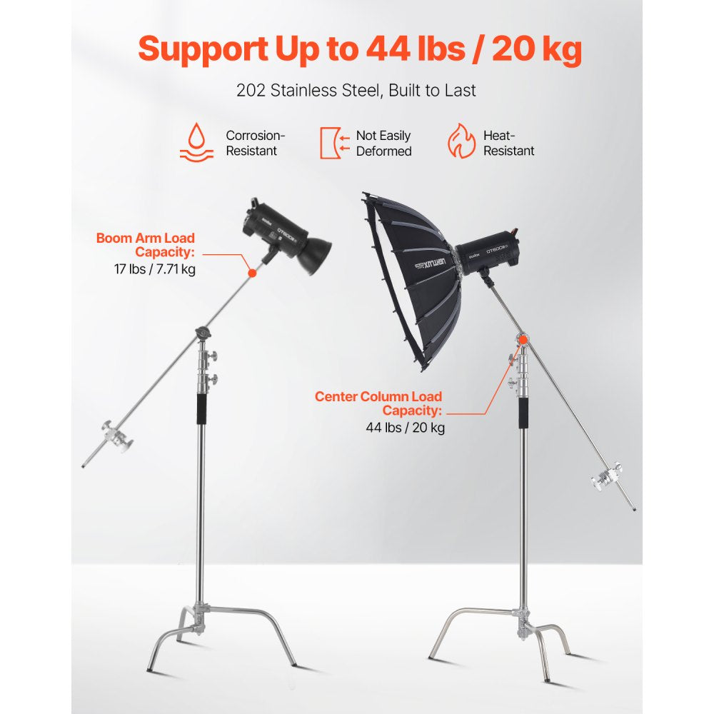 VEVOR C Stand with Boom Arm, Max Height 10.83 ft/330 cm, Stainless Steel Heavy Duty Photography Light Stand with 4.8-9.8 ft Adjustable Height, 2 Grip Head for Studio Monolight, Softbox, Reflector