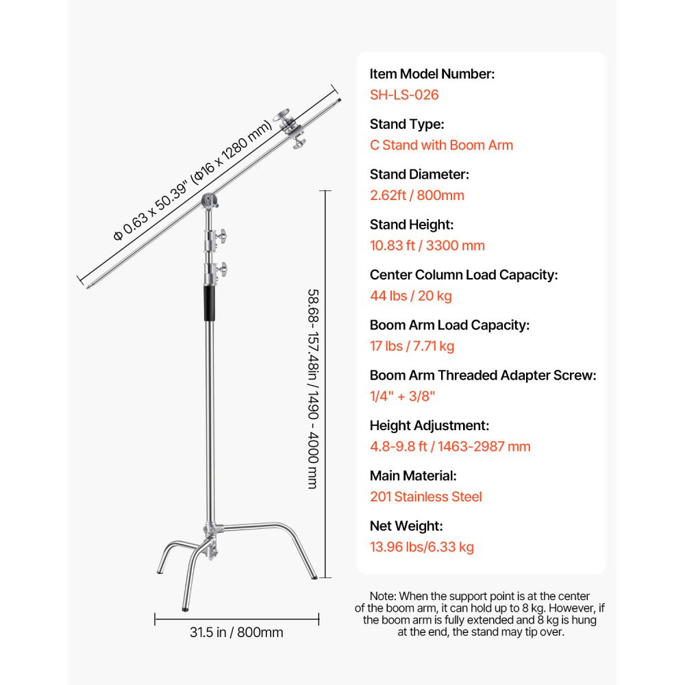 VEVOR C Stand with Boom Arm, Max Height 10.83 ft/330 cm, Stainless Steel Heavy Duty Photography Light Stand with 4.8-9.8 ft Adjustable Height, 2 Grip Head for Studio Monolight, Softbox, Reflector