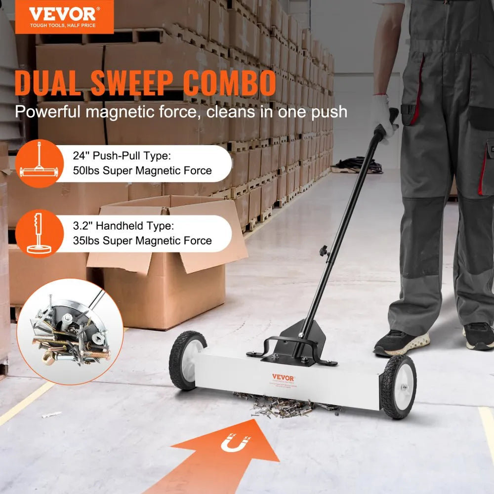 VEVOR 24-Inch Magnetic Sweeper with Wheels, 50 lbs Capacity, with Telescoping Magnetic Pickup Tool, Adjustable Handle, Magnetic Pickup Sweeper to Pick Up Nails and Screws, for Workshop, Garage, Yard