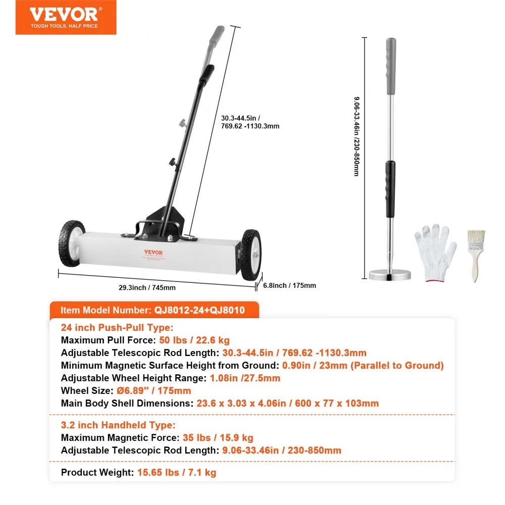 VEVOR 24-Inch Magnetic Sweeper with Wheels, 50 lbs Capacity, with Telescoping Magnetic Pickup Tool, Adjustable Handle, Magnetic Pickup Sweeper to Pick Up Nails and Screws, for Workshop, Garage, Yard