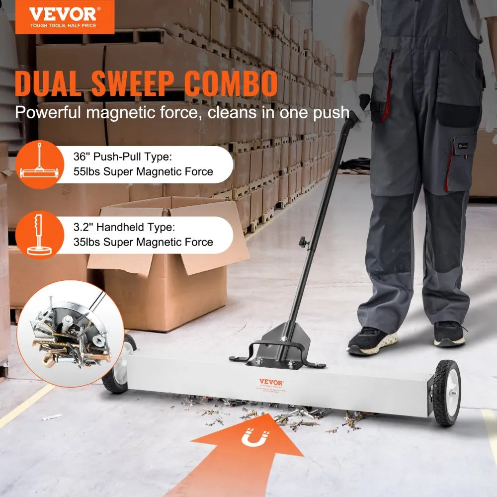 VEVOR 36-Inch Magnetic Sweeper with Wheels, 55 lbs Capacity, with Telescoping Magnetic Pickup Tool, Adjustable Handle, Magnetic Pickup Sweeper to Pick Up Nails and Screws, for Workshop, Garage, Yard