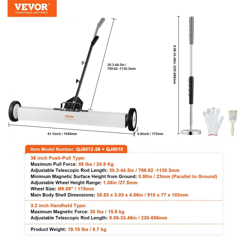 VEVOR 36-Inch Magnetic Sweeper with Wheels, 55 lbs Capacity, with Telescoping Magnetic Pickup Tool, Adjustable Handle, Magnetic Pickup Sweeper to Pick Up Nails and Screws, for Workshop, Garage, Yard