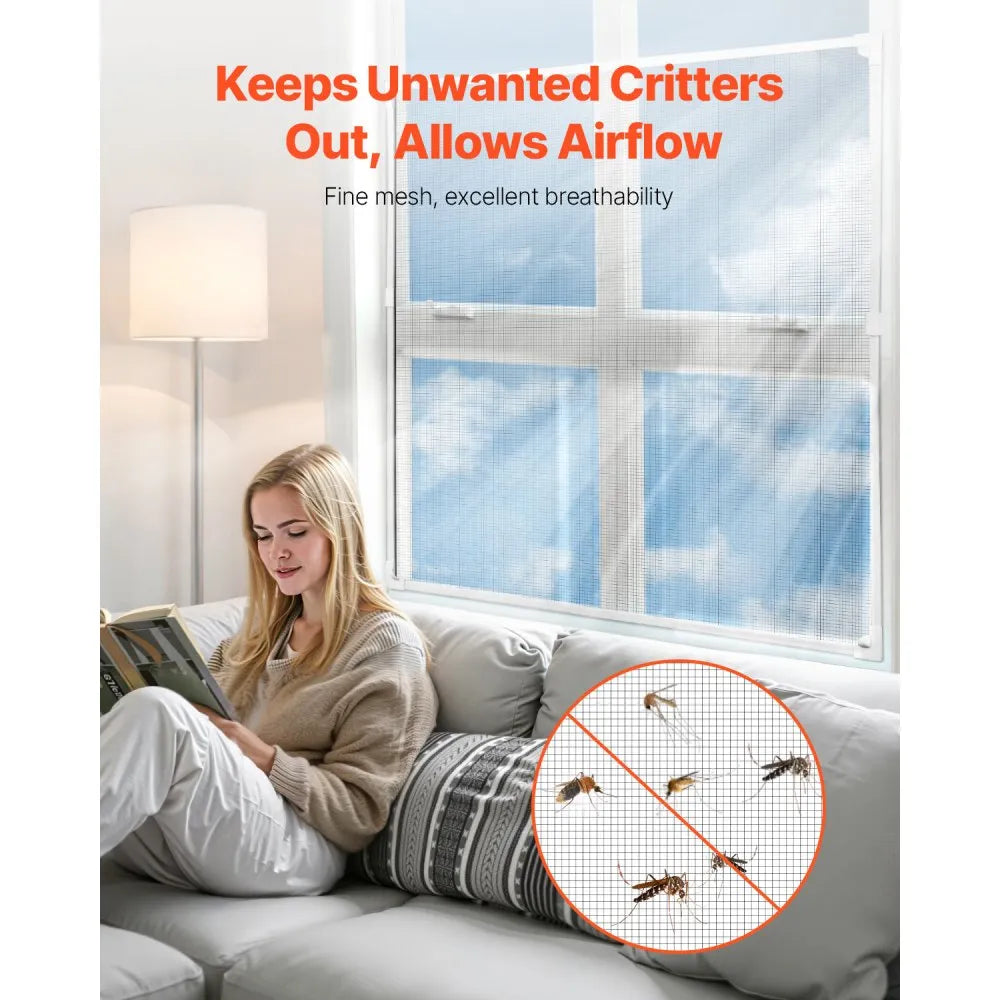 VEVOR Magnetic Window Screen,  58.27 x 39.17 inch PVC and Fiberglass Mesh, White Frames with Black Magnetic Strip and Wind Clips, No Drilling Easy Installation, Magnetic Screen for House Window