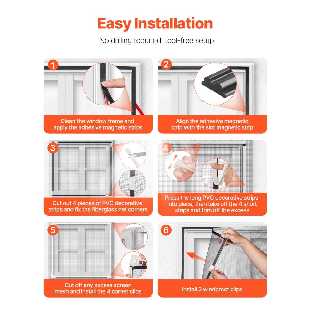 VEVOR Magnetic Window Screen,  58.27 x 39.17 inch PVC and Fiberglass Mesh, White Frames with Black Magnetic Strip and Wind Clips, No Drilling Easy Installation, Magnetic Screen for House Window