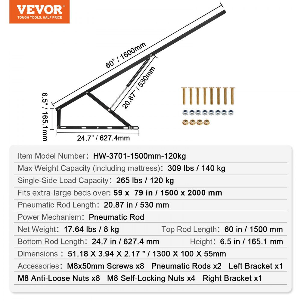 VEVOR Bed Lift, 59x79 in Compatible Extra-large Size 309 lbs Load Bearing, DIY Wall Bed Mechanical Hardware Kit Vertical Deluxe, Pneumatic Lever Heavy Duty Support, Folding for Guestroom