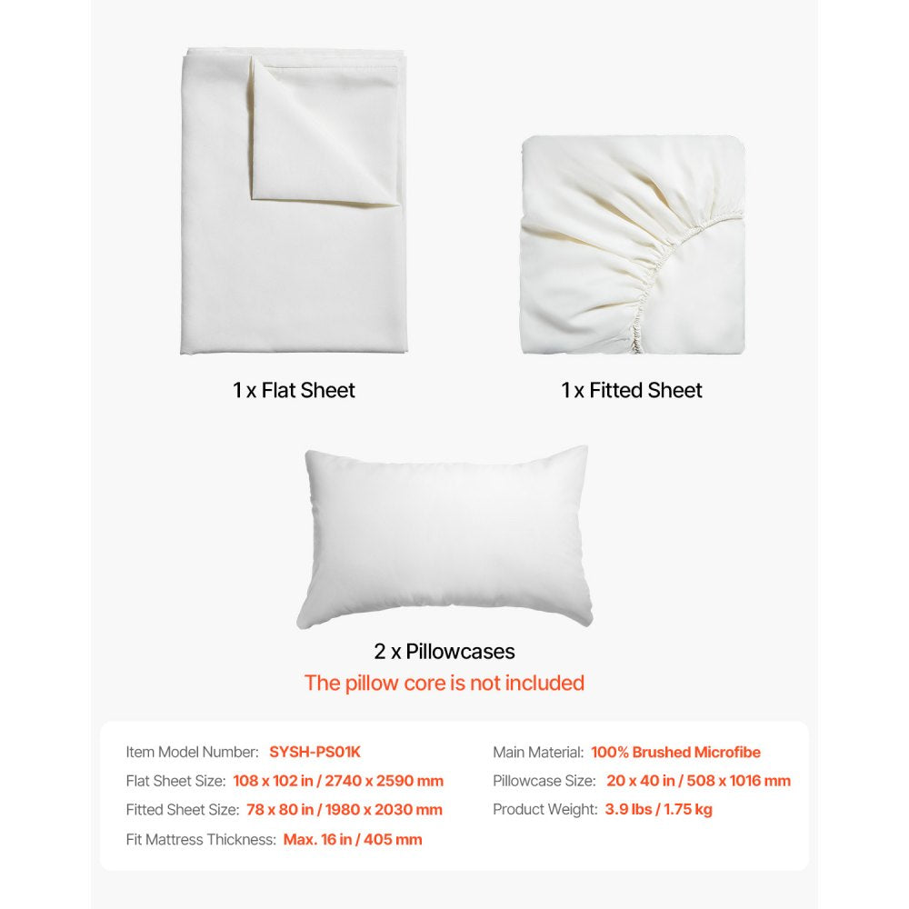 VEVOR 4-Piece Bed Sheet Set - King Size, 100% Brushed Microfiber Bedding Set with 2 Pillowcases, 1 Flat Sheet & 1 Fitted Sheet, Breathable & Wrinkle-Resistant Luxury Bed Sheets for Hotels, Bedrooms