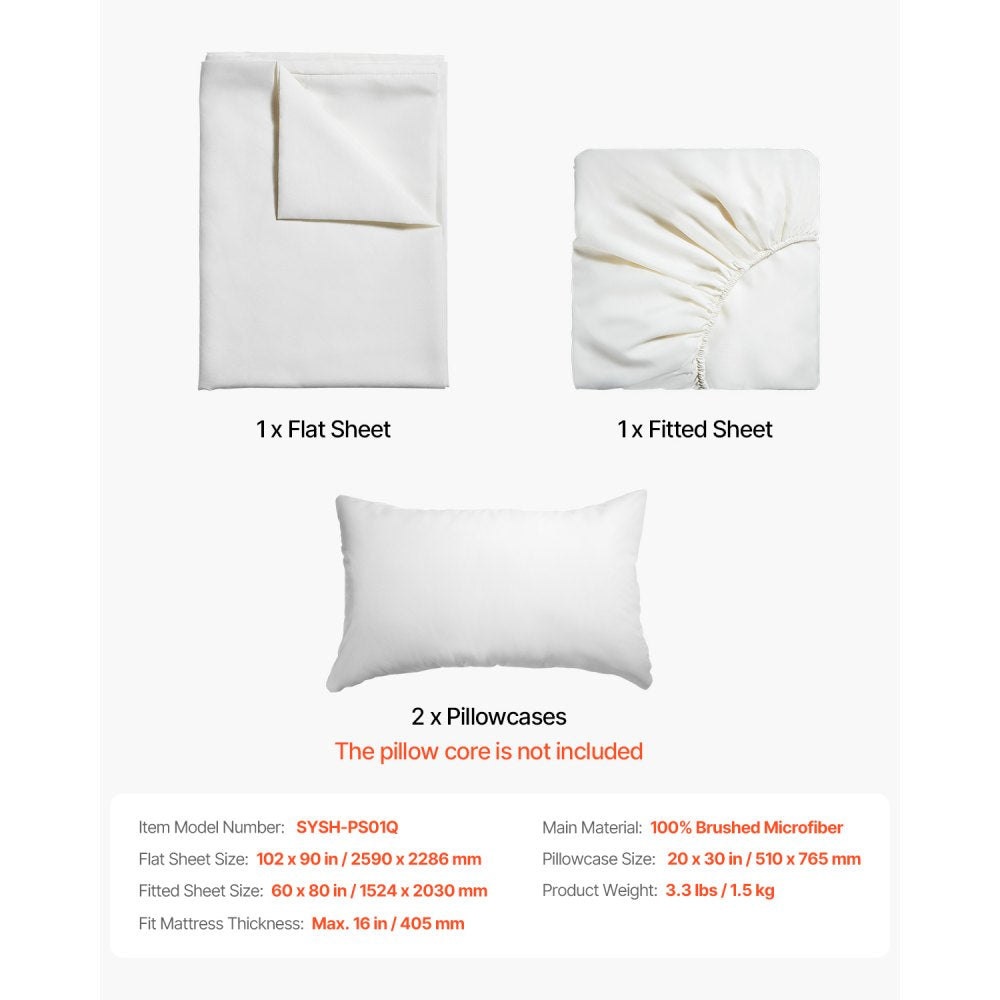 VEVOR 4-Piece Bed Sheet Set - Queen Size, 100% Brushed Microfiber Bedding Set with 2 Pillowcases, 1 Flat Sheet & 1 Fitted Sheet, Breathable & Wrinkle-Resistant Luxury Bed Sheets with 16" Deep Pocket
