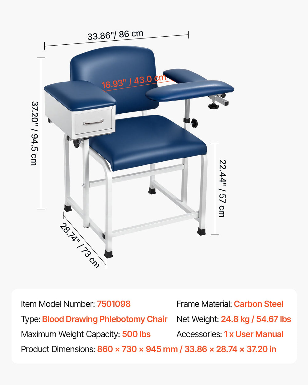 VEVOR Phlebotomy Chair 500LBS Blood Draw Medical Chair with Drawer, Comfortable Blood Drawing Chairs with Adjustable Armrests, Soft Padded Seat, Easy-to-Clean PVC Leather for Hospitals Clinics
