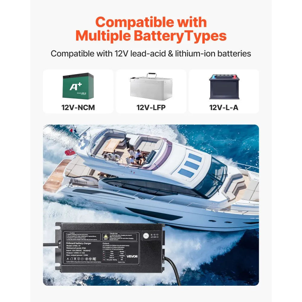 VEVOR Marine Battery Charger, 1-Bank, 10A 12V Onboard Boat Charger, IP68 Waterproof Smart On-Board Battery Charger, for Lithium-Ion (LiFePO4), NCM, Lead-Acid Batteries, Large Boat, Yacht, RV, Trailer