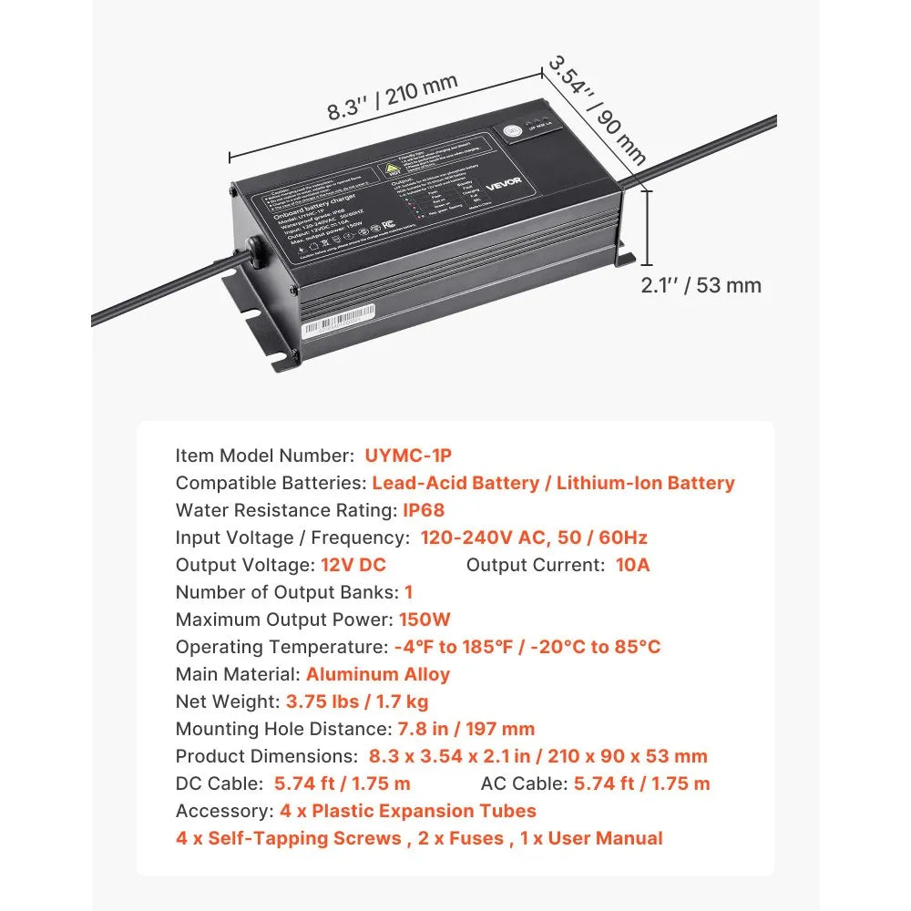 VEVOR Marine Battery Charger, 1-Bank, 10A 12V Onboard Boat Charger, IP68 Waterproof Smart On-Board Battery Charger, for Lithium-Ion (LiFePO4), NCM, Lead-Acid Batteries, Large Boat, Yacht, RV, Trailer