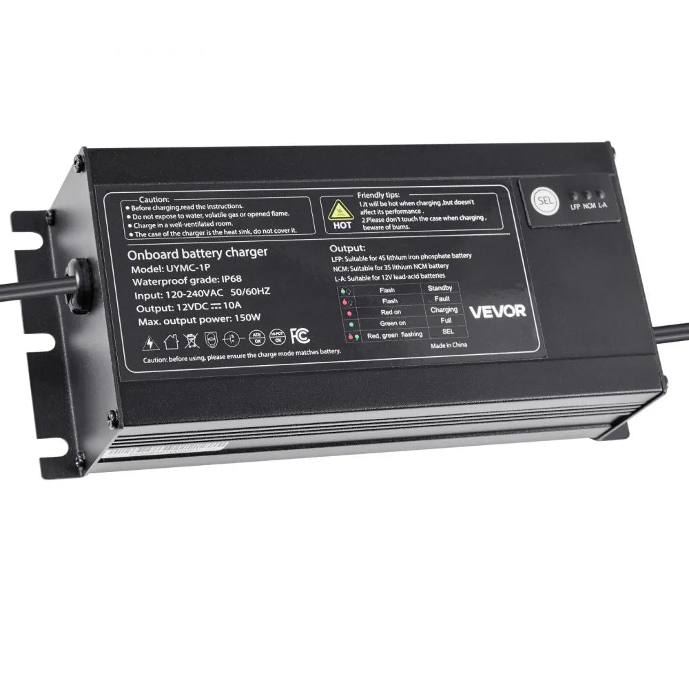 VEVOR Marine Battery Charger, 1-Bank, 10A 12V Onboard Boat Charger, IP68 Waterproof Smart On-Board Battery Charger, for Lithium-Ion (LiFePO4), NCM, Lead-Acid Batteries, Large Boat, Yacht, RV, Trailer