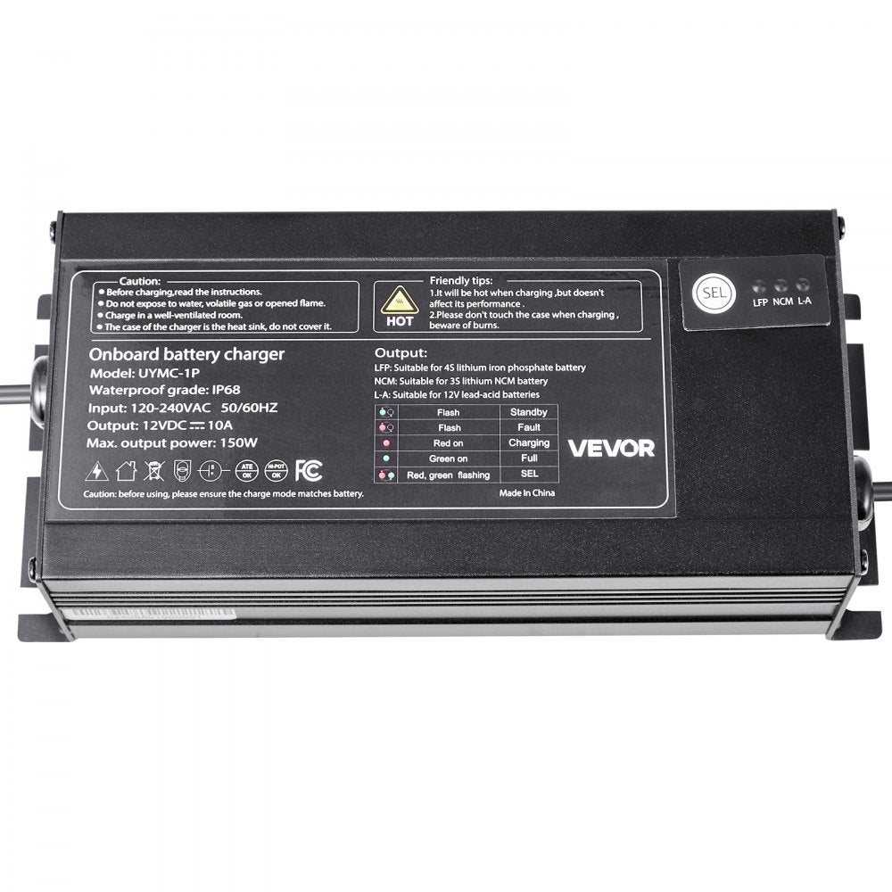 VEVOR Marine Battery Charger, 1-Bank, 10A 12V Onboard Boat Charger, IP68 Waterproof Smart On-Board Battery Charger, for Lithium-Ion (LiFePO4), NCM, Lead-Acid Batteries, Large Boat, Yacht, RV, Trailer