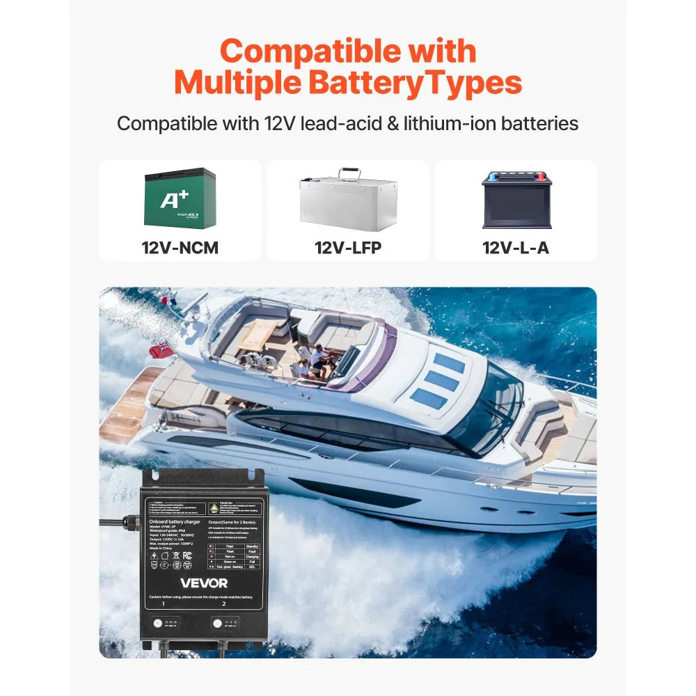 VEVOR Marine Battery Charger, 2-Bank, 10A 12V Onboard Boat Charger, IP68 Waterproof Smart On-Board Battery Charger, for Lithium-Ion (LiFePO4), NCM, Lead-Acid Batteries, Large Boat, Yacht, RV, Trailer