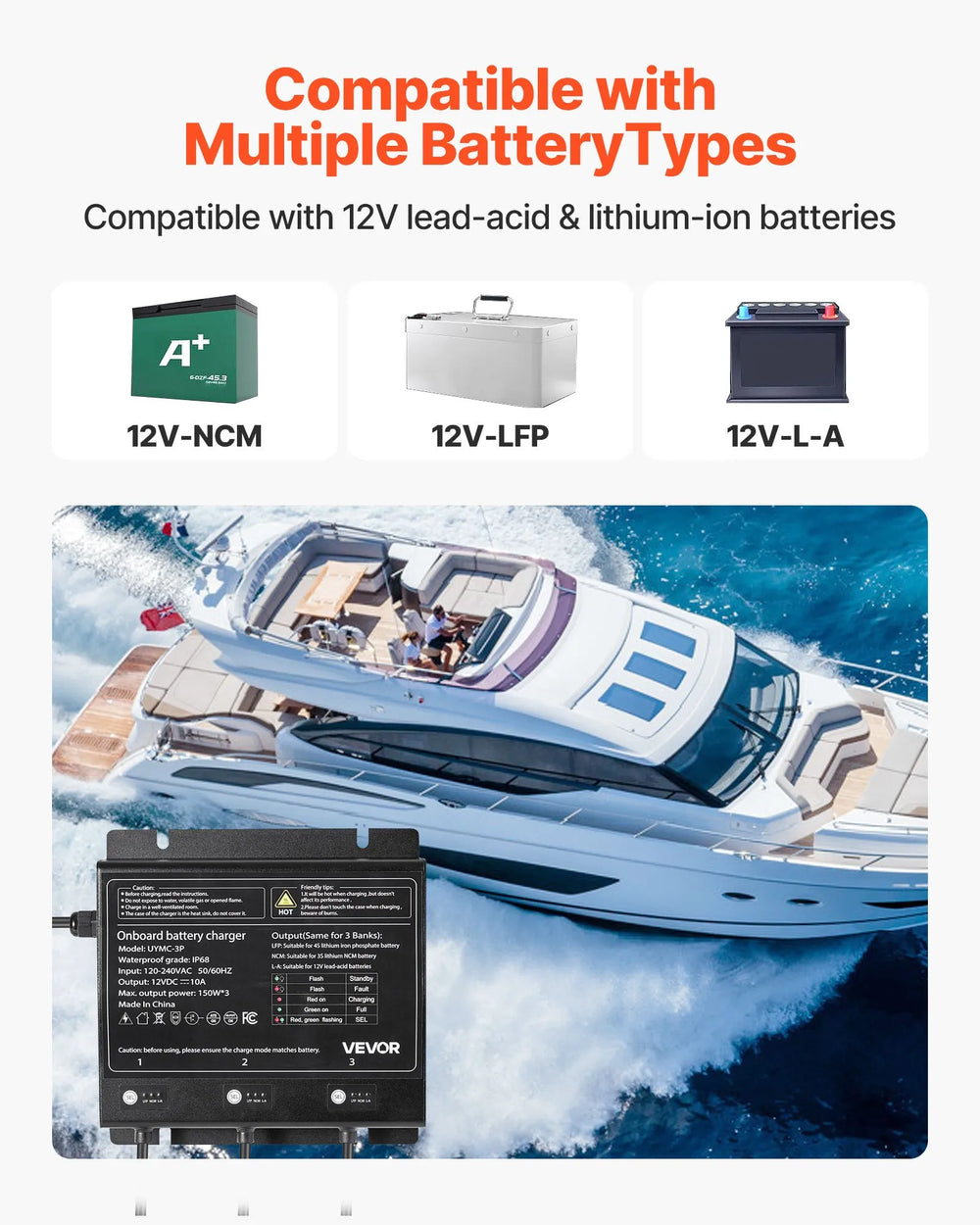 VEVOR Marine Battery Charger, 3-Bank, 10A 12V Onboard Boat Charger, IP68 Waterproof Smart On-Board Battery Charger, for Lithium-Ion (LiFePO4), NCM, Lead-Acid Batteries, Large Boat, Yacht, RV, Trailer