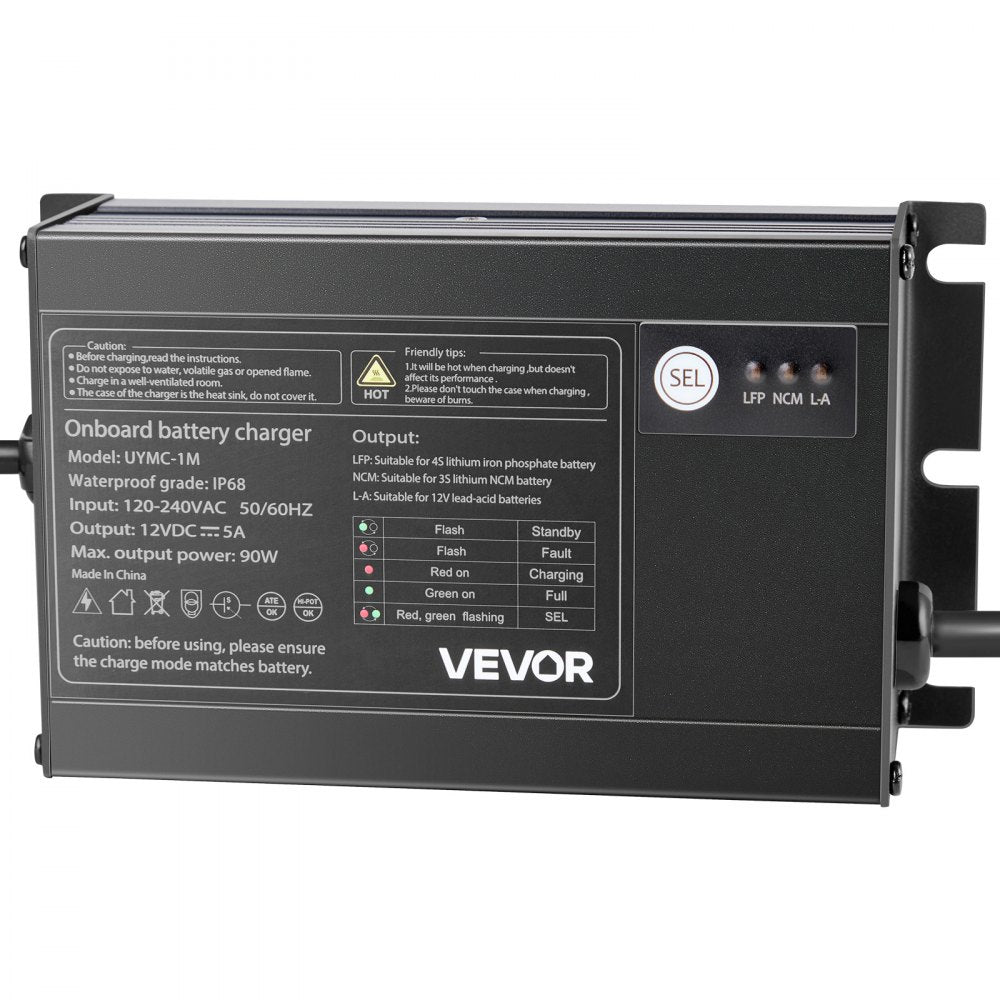 VEVOR Marine Battery Charger, 1-Bank, 5A 12V Onboard Boat Charger, IP68 Waterproof Smart On-Board Battery Charger, for Lithium-Ion (LiFePO4), NCM, Lead-Acid Batteries, Large Boat, Yacht, RV, Trailer