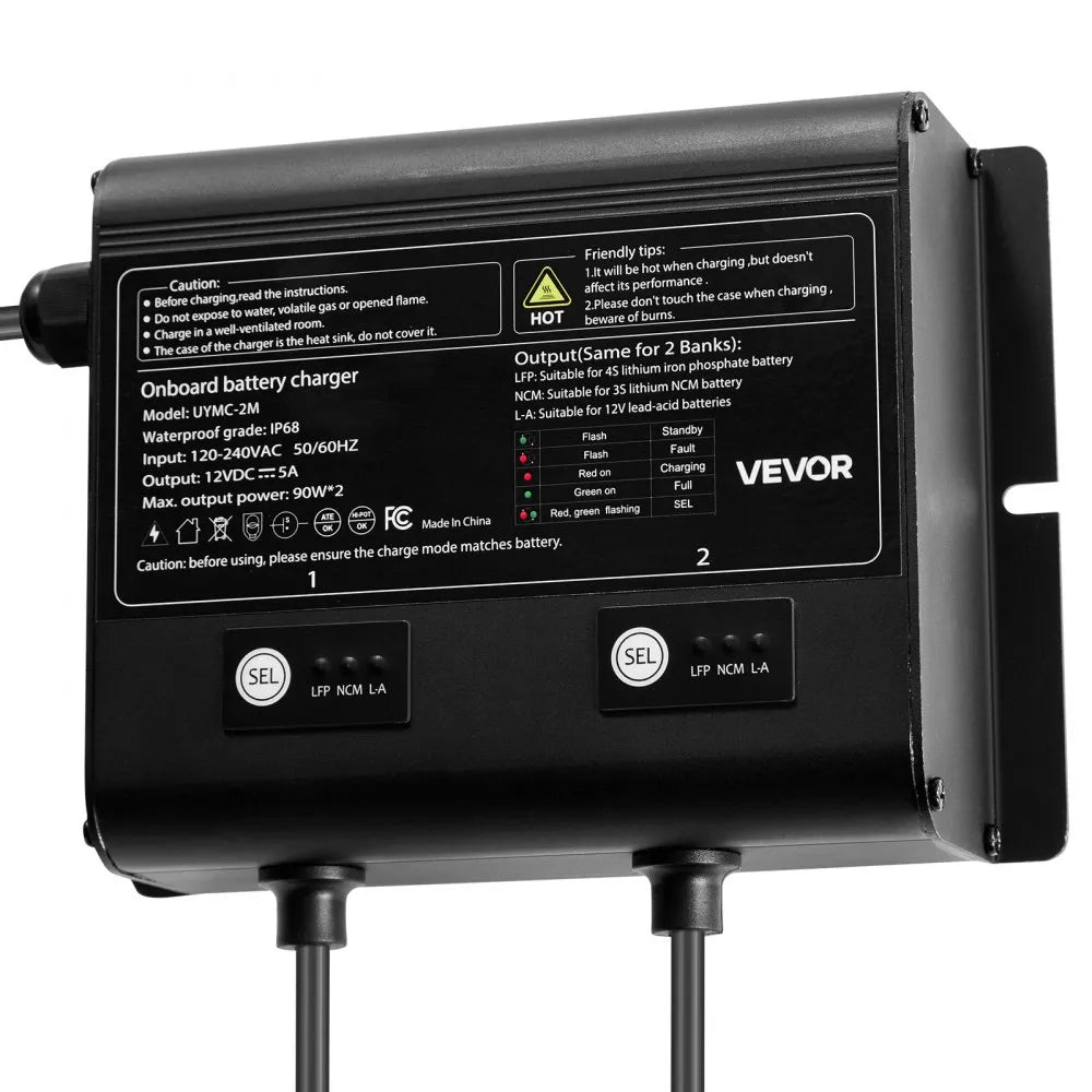 VEVOR Marine Battery Charger, 2-Bank, 5A 12V Onboard Boat Charger, IP68 Waterproof Smart On-Board Battery Charger, for Lithium-Ion (LiFePO4), NCM, Lead-Acid Batteries, Large Boat, Yacht, RV, Trailer