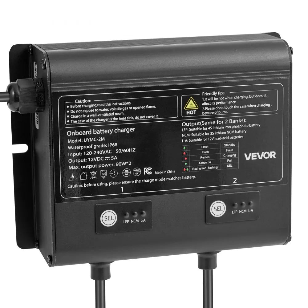 VEVOR Marine Battery Charger, 2-Bank, 5A 12V Onboard Boat Charger, IP68 Waterproof Smart On-Board Battery Charger, for Lithium-Ion (LiFePO4), NCM, Lead-Acid Batteries, Large Boat, Yacht, RV, Trailer