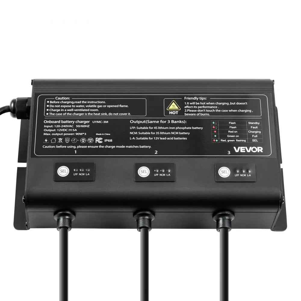 VEVOR Marine Battery Charger, 3-Bank, 5A 12V Onboard Boat Charger, IP68 Waterproof Smart On-Board Battery Charger, for Lithium-Ion (LiFePO4), NCM, Lead-Acid Batteries, Large Boat, Yacht, RV, Trailer
