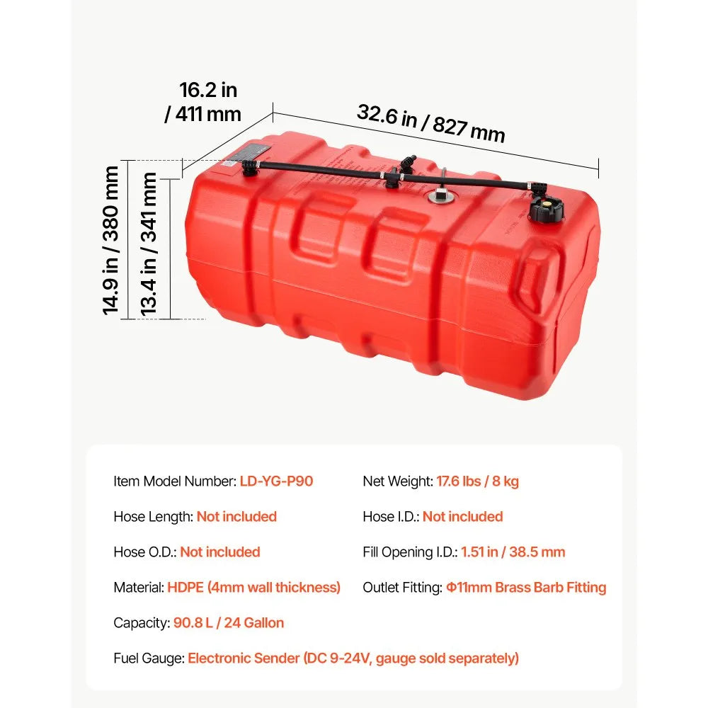 VEVOR Marine Fuel Tank 24 Gallon Boat Gas Tank Electronic Fuel Level Sensor, Portable Outboard Gas Can for Outboard Engine Boats, Yacht, Fishing Boat, Deck Boat, Gas Container, 4 mm Thick HDPE, Red