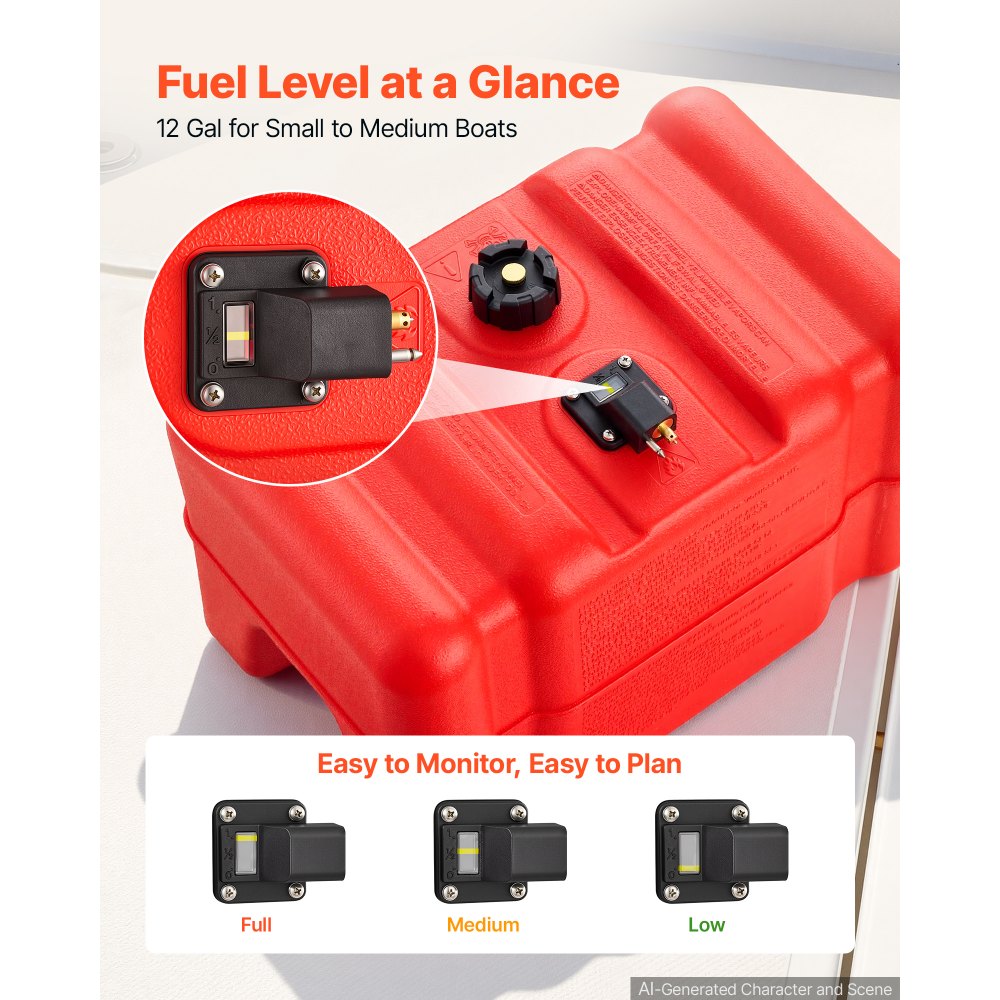 VEVOR Marine Fuel Tank, 12 Gallon Boat Gas Tank Portable Outboard Gas Can, for Outboard Engine Boats, Yacht, Fishing Boat, Deck Boat, Gas Container, Fuel Gauge, Hose & Primer Bulb, Premium HDPE, Red