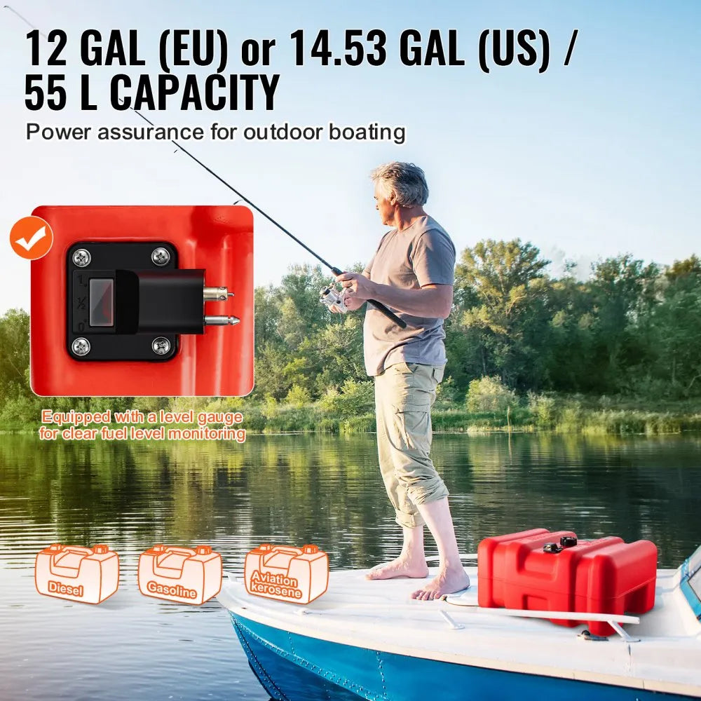 VEVOR Portable Fuel Tank, 12 Gallon/55L, Plastic Outboard Marine Tank with Hose, Easy to Carry for Yacht, Fishing, Deck Boats, Red