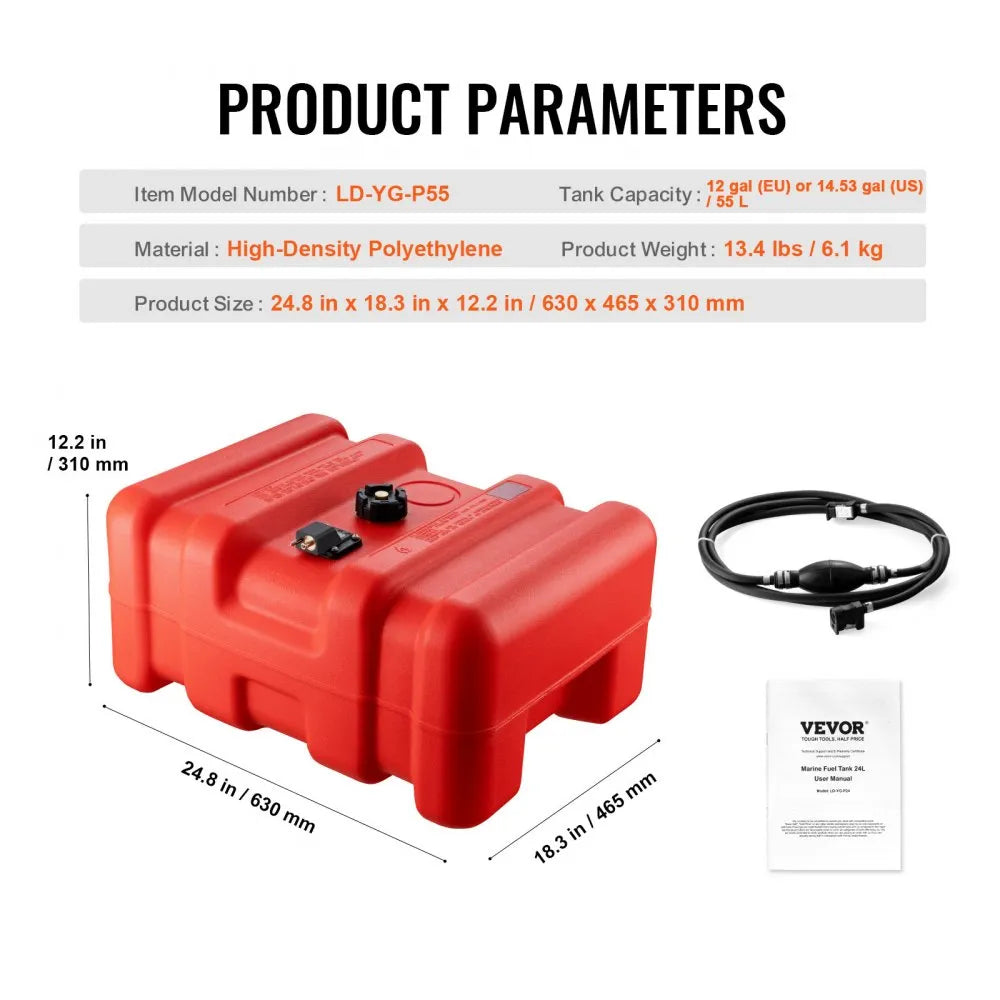 VEVOR Portable Fuel Tank, 12 Gallon/55L, Plastic Outboard Marine Tank with Hose, Easy to Carry for Yacht, Fishing, Deck Boats, Red