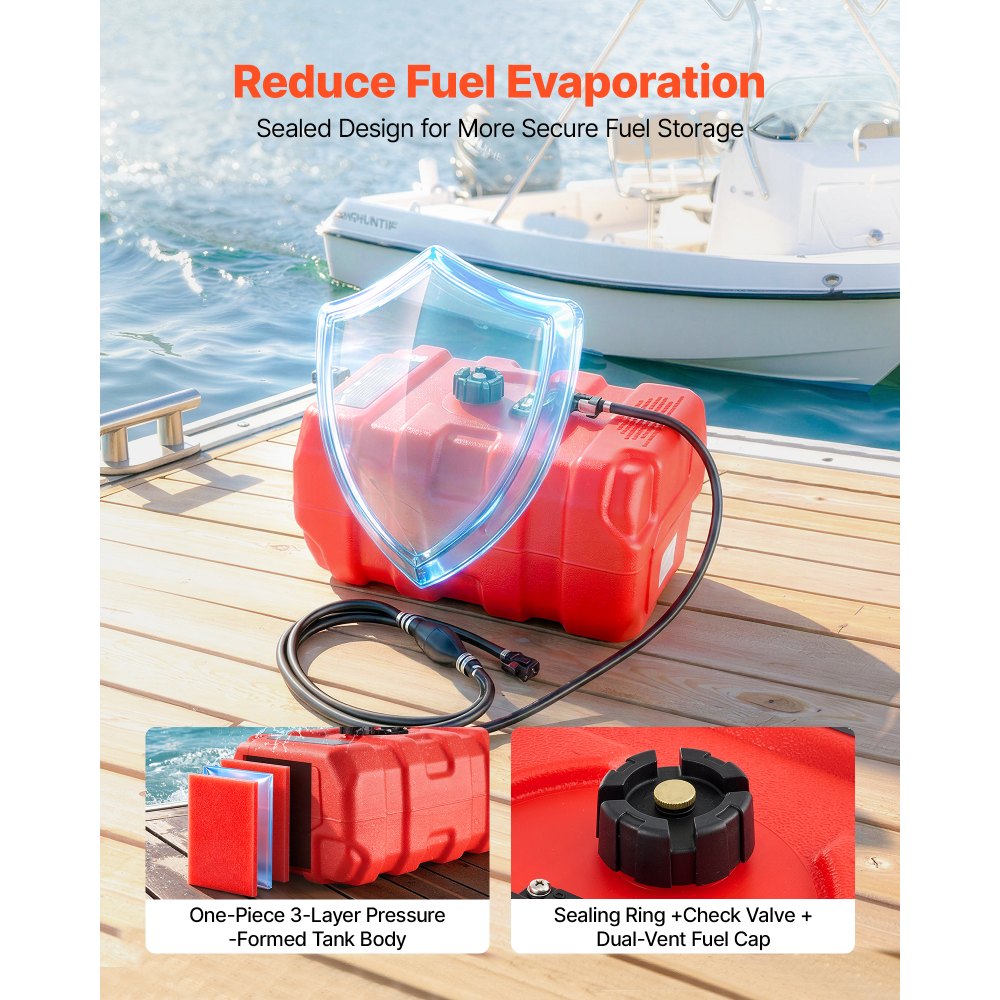 VEVOR Marine Fuel Tank, 8.7 Gallon Boat Gas Tank Portable Outboard Gas Can, for Outboard Engine Boats, Yacht, Fishing Boat, Deck Boat, Gas Container, Fuel Gauge, Hose & Primer Bulb, Premium HDPE, Red