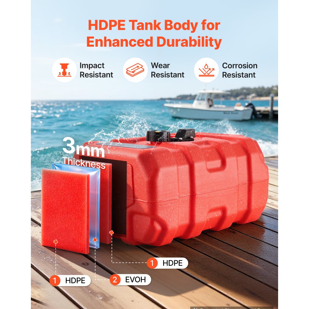 VEVOR Marine Fuel Tank, 8.7 Gallon Boat Gas Tank Portable Outboard Gas Can, for Outboard Engine Boats, Yacht, Fishing Boat, Deck Boat, Gas Container, Fuel Gauge, Hose & Primer Bulb, Premium HDPE, Red