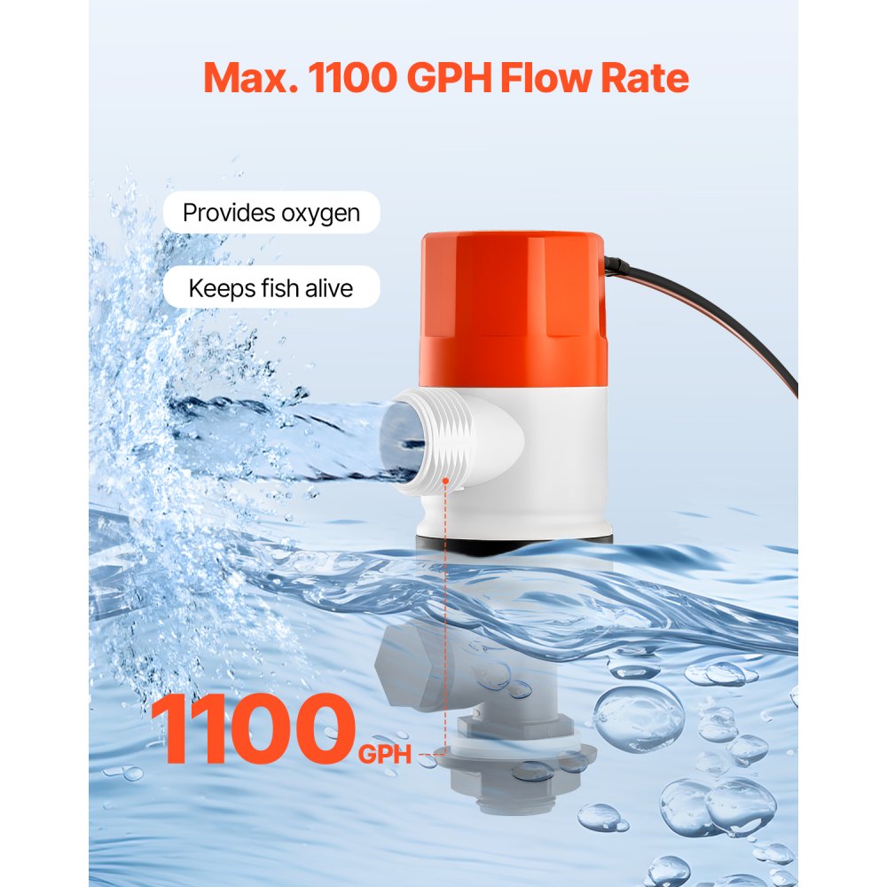 VEVOR Livewell Pump for Boat, 12V 1100 GPH Straight Livewell Aerator Pump with Dual Inlet, ABA Housing & Detachable Motor Cartridge, Corrosion-Resistant Livewell/Baitwell Pump for Freshwater Saltwater