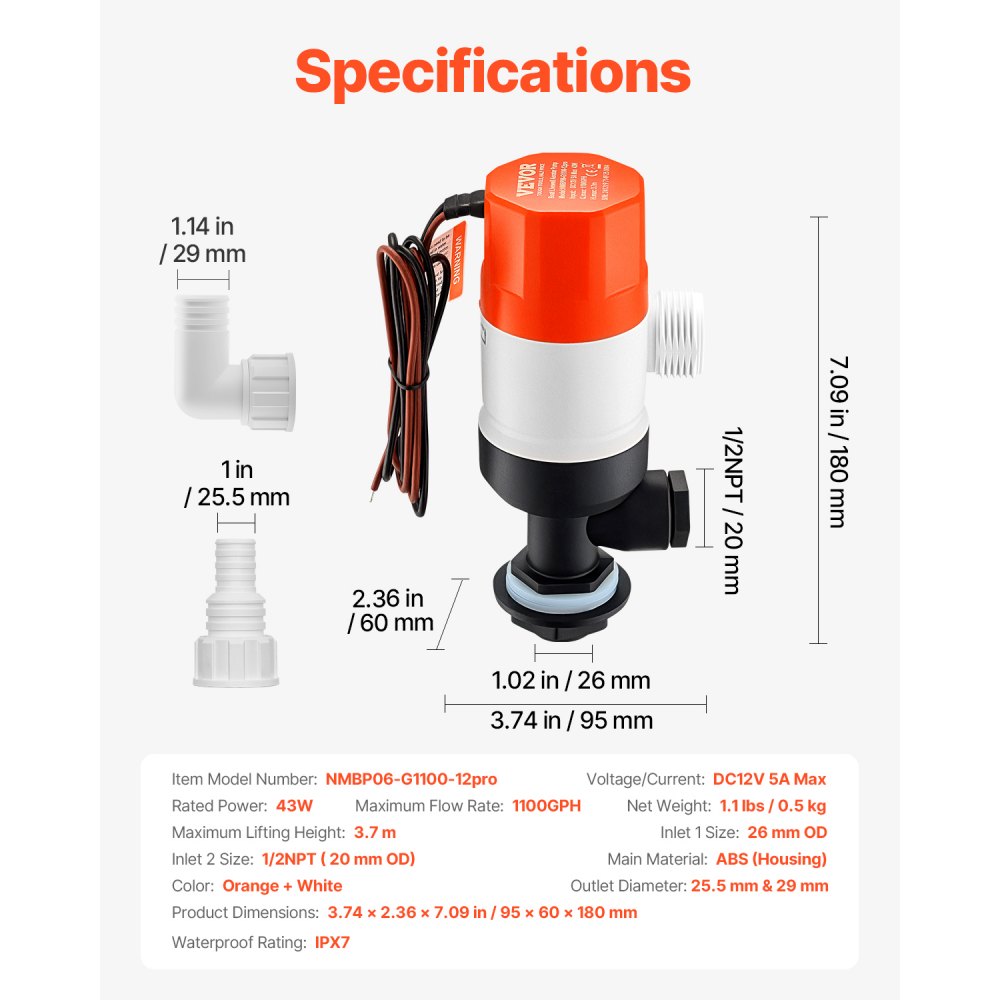 VEVOR Livewell Pump for Boat, 12V 1100 GPH Straight Livewell Aerator Pump with Dual Inlet, ABA Housing & Detachable Motor Cartridge, Corrosion-Resistant Livewell/Baitwell Pump for Freshwater Saltwater