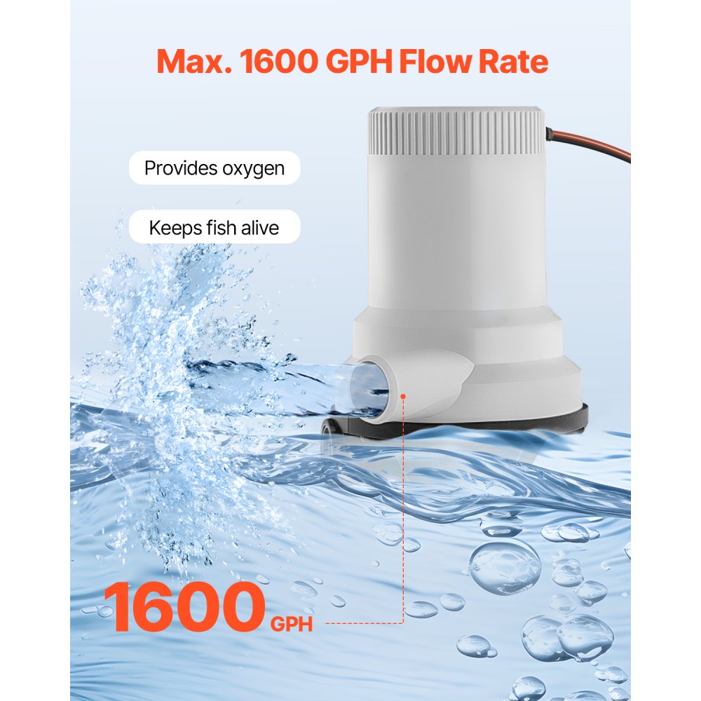 VEVOR Livewell Pump for Boat, 12V 1600 GPH Straight Livewell Aerator Pump with Dual Inlet, ABA Housing & Detachable Motor Cartridge, Corrosion-Resistant Livewell/Baitwell Pump for Freshwater Saltwater