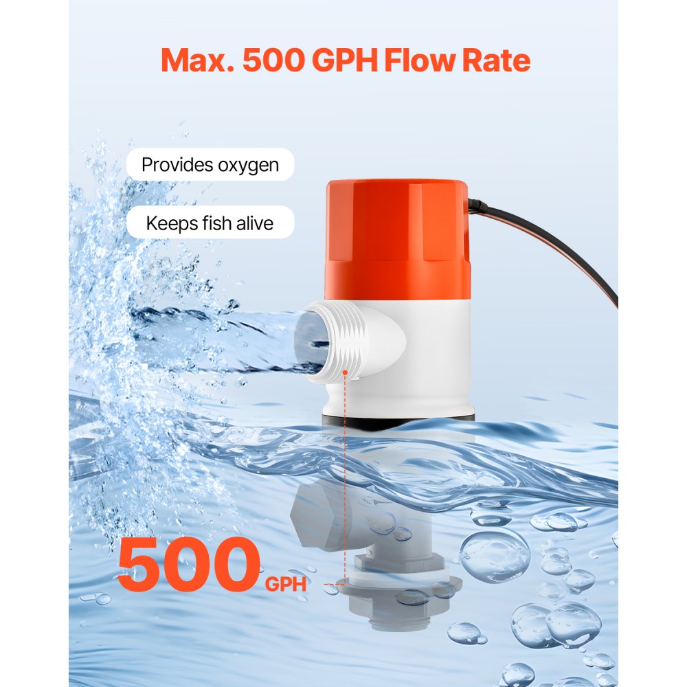 VEVOR Livewell Pump for Boat, 12V 500 GPH Straight Livewell Aerator Pump with Dual Inlets, ABA Housing & Detachable Motor Cartridge, Corrosion-Resistant Livewell/Baitwell Pump for Freshwater Saltwater