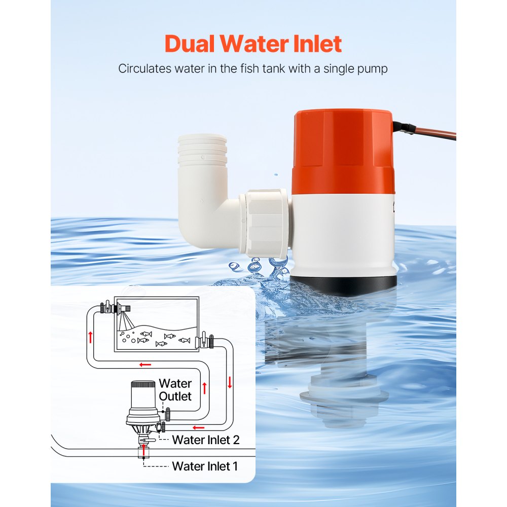 VEVOR Livewell Pump for Boat, 12V 500 GPH Straight Livewell Aerator Pump with Dual Inlets, ABA Housing & Detachable Motor Cartridge, Corrosion-Resistant Livewell/Baitwell Pump for Freshwater Saltwater