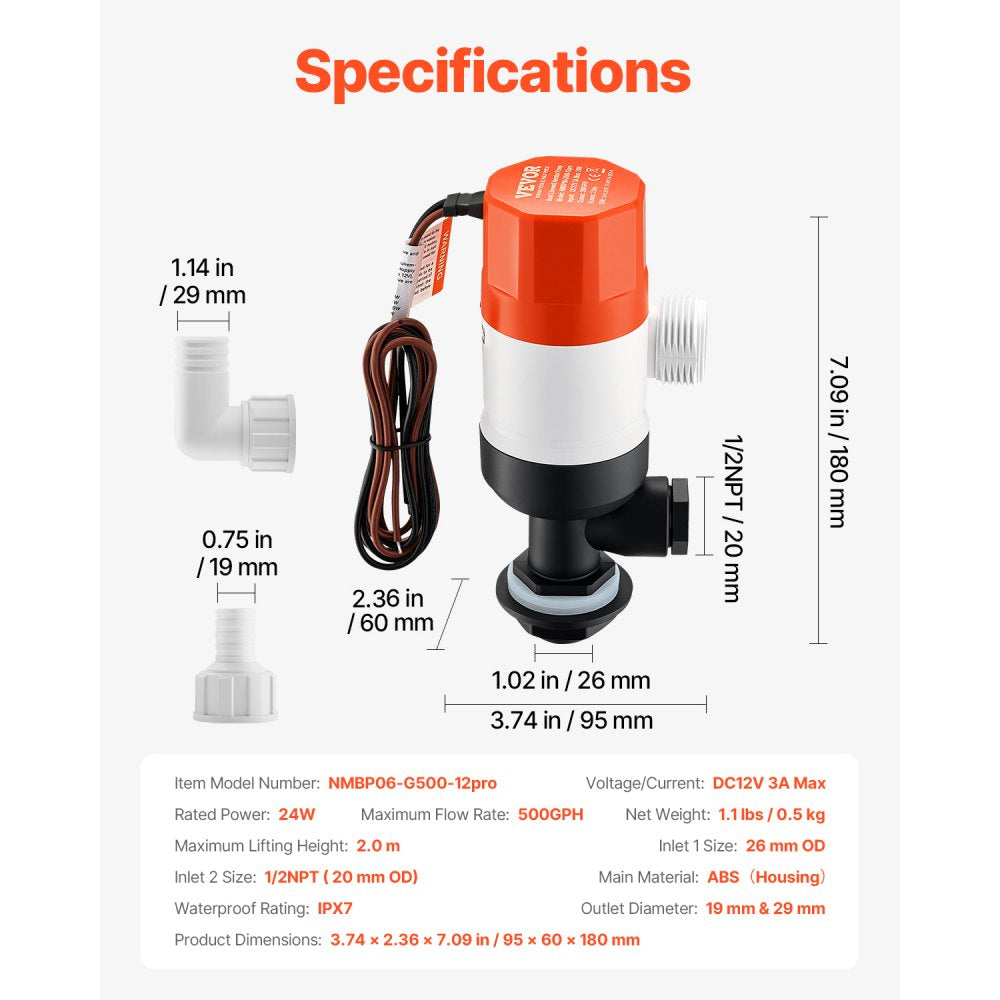 VEVOR Livewell Pump for Boat, 12V 500 GPH Straight Livewell Aerator Pump with Dual Inlets, ABA Housing & Detachable Motor Cartridge, Corrosion-Resistant Livewell/Baitwell Pump for Freshwater Saltwater