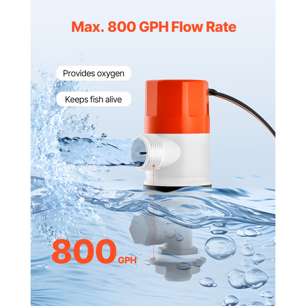 VEVOR Livewell Pump for Boat, 12V 800 GPH Straight Livewell Aerator Pump with Dual Inlet, ABA Housing & Detachable Motor Cartridge, Corrosion-Resistant Livewell/Baitwell Pump for Freshwater Saltwater