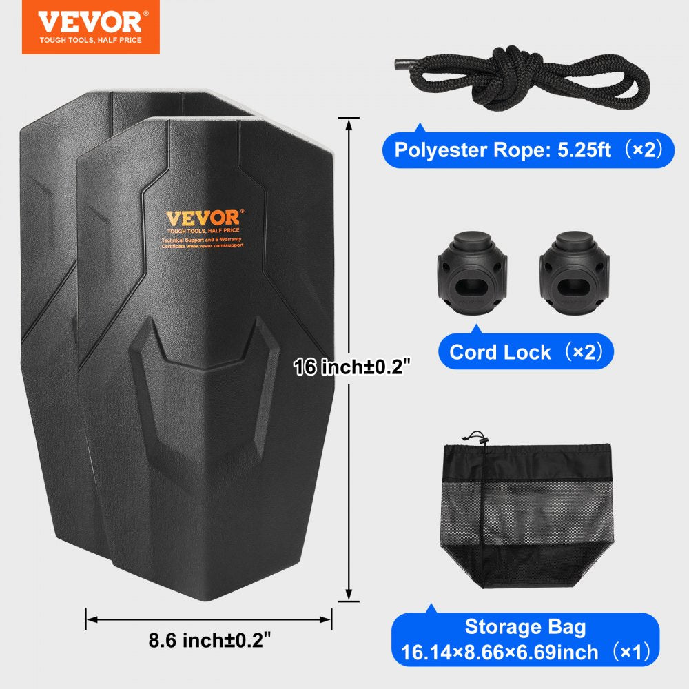VEVOR Boat Fenders, 8.6" x 16" Boat Bumpers for Docking, Marine EVA Boat Dock Fender Bumper with Ropes, Cord Locks and Storage Bag, No Inflation Required, for Class A/Class 1/Part Class 2, Black