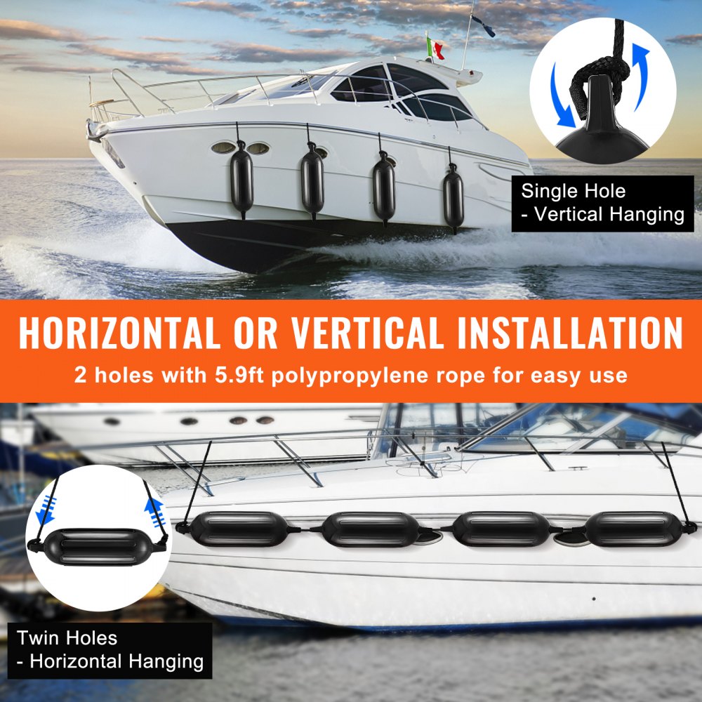 VEVOR Boat Fenders, 5.5" x 20" Boat Bumpers for Docking, Inflatable Ribbed Fender with Center Holes, Marine Boat Dock Fender Bumper with Air Pump, 4 Needles and 4 Ropes and Storage Bag, Black