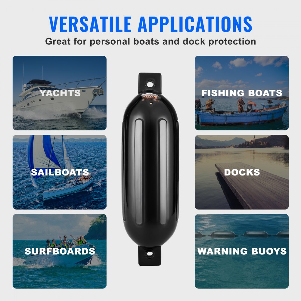 VEVOR Boat Fenders, 5.5" x 20" Boat Bumpers for Docking, Inflatable Ribbed Fender with Center Holes, Marine Boat Dock Fender Bumper with Air Pump, 4 Needles and 4 Ropes and Storage Bag, Black